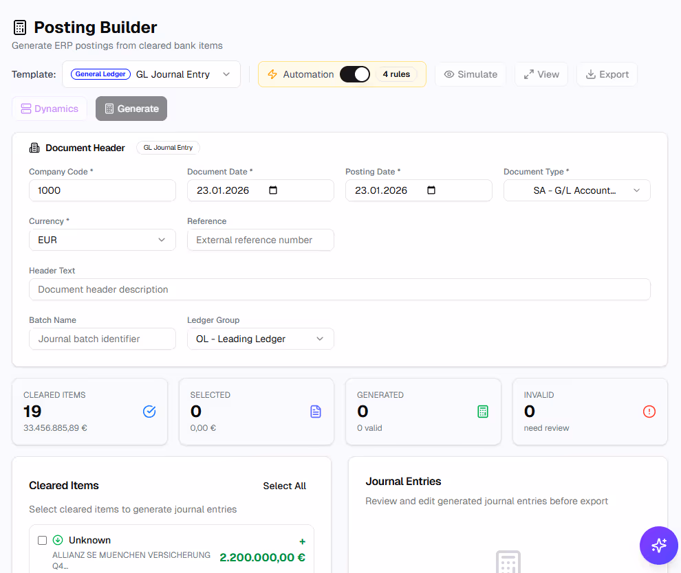 ERP posting builder generating journal entries for cleared receivables