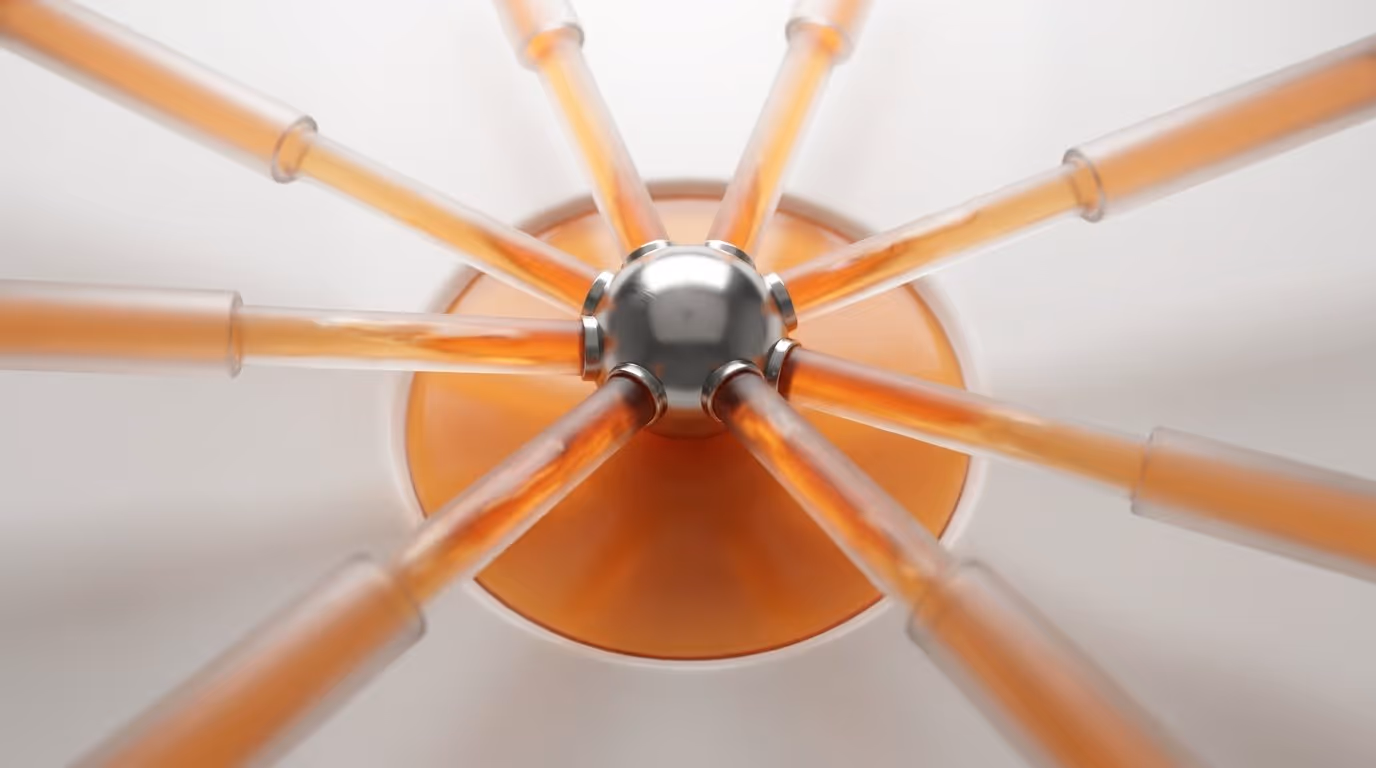 Eight glass tubes converging into a metal sphere, visualizing how order-to-cash streams merge into consolidated revenue