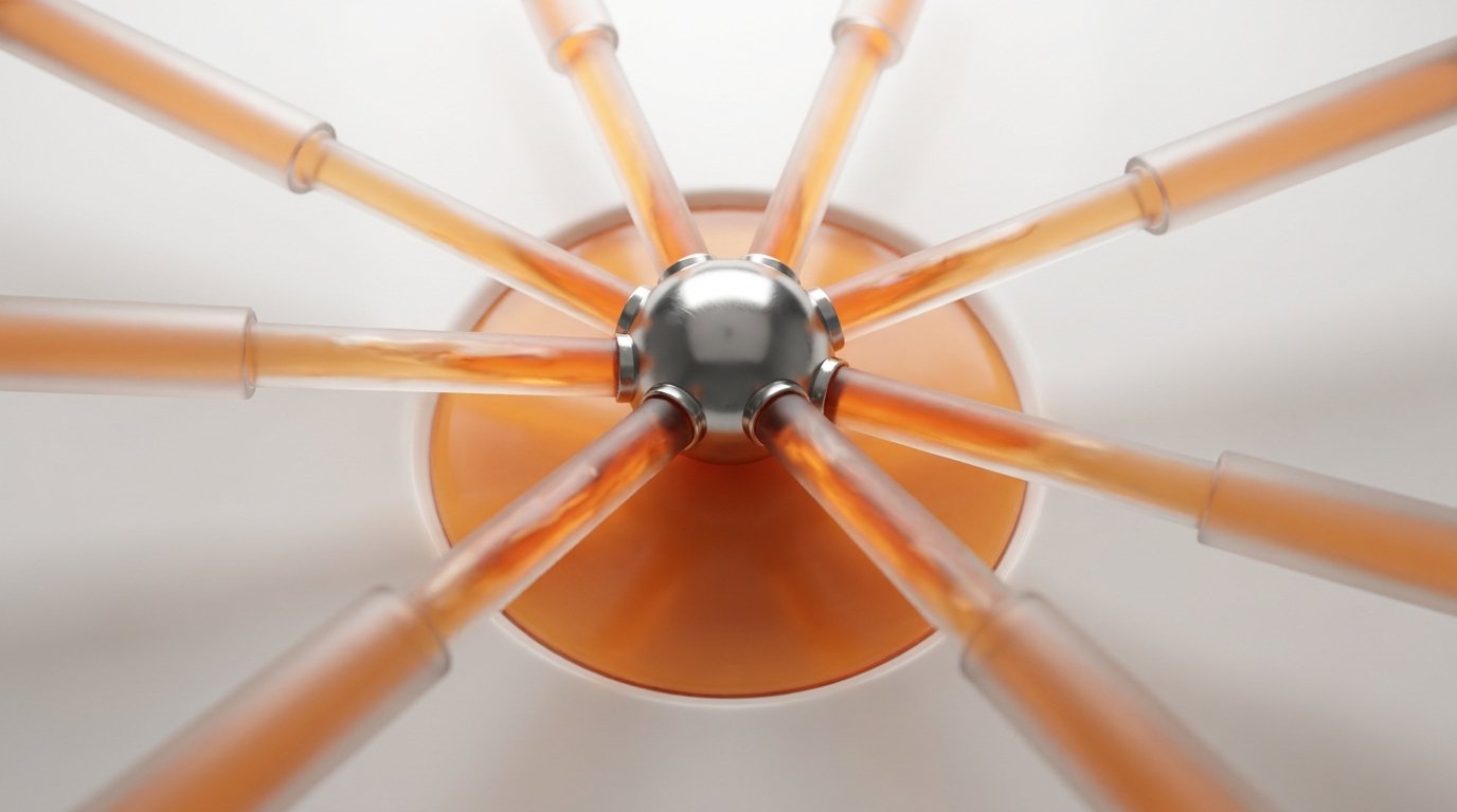 Eight glass tubes converging into a metal sphere, visualizing how order-to-cash streams merge into consolidated revenue