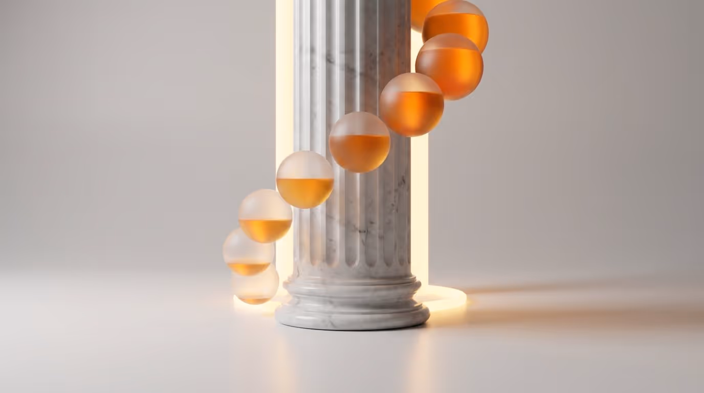 Spiral of resin spheres filling with orange liquid — visualizing cash accumulation through order-to-cash business process stages