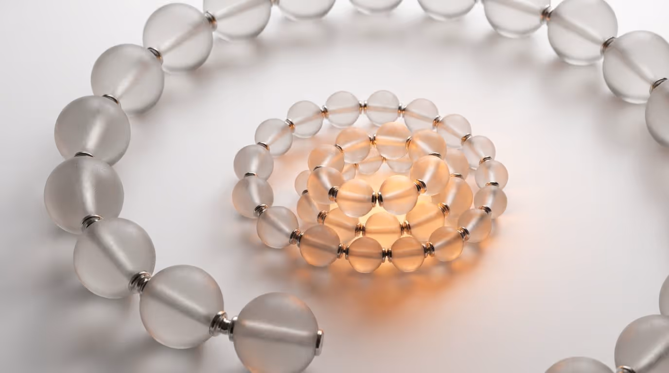 Frosted-glass spheres spiraling from sparse to dense, visualizing DSO reduction and optimized cash collection