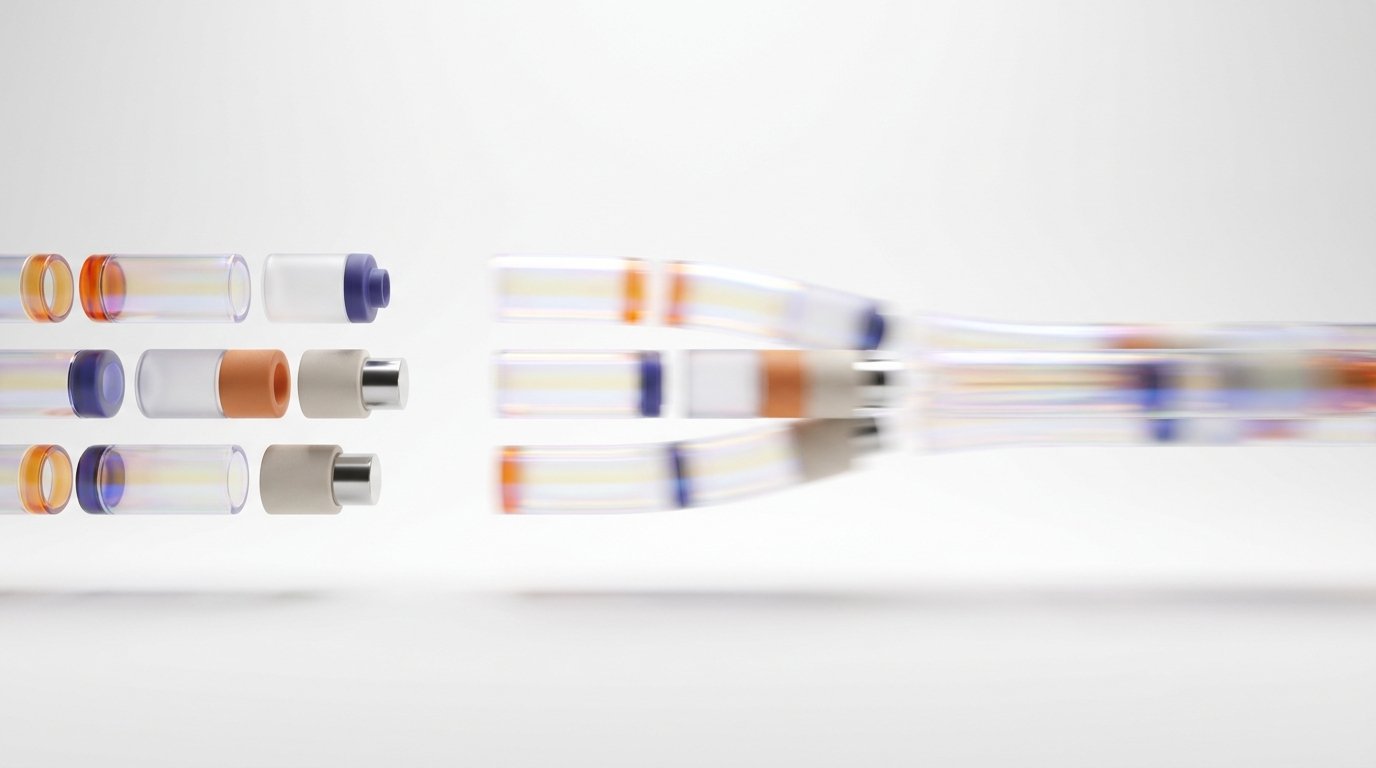 Three glass columns accelerating and merging into one stream, visualizing DSO reduction through process optimization