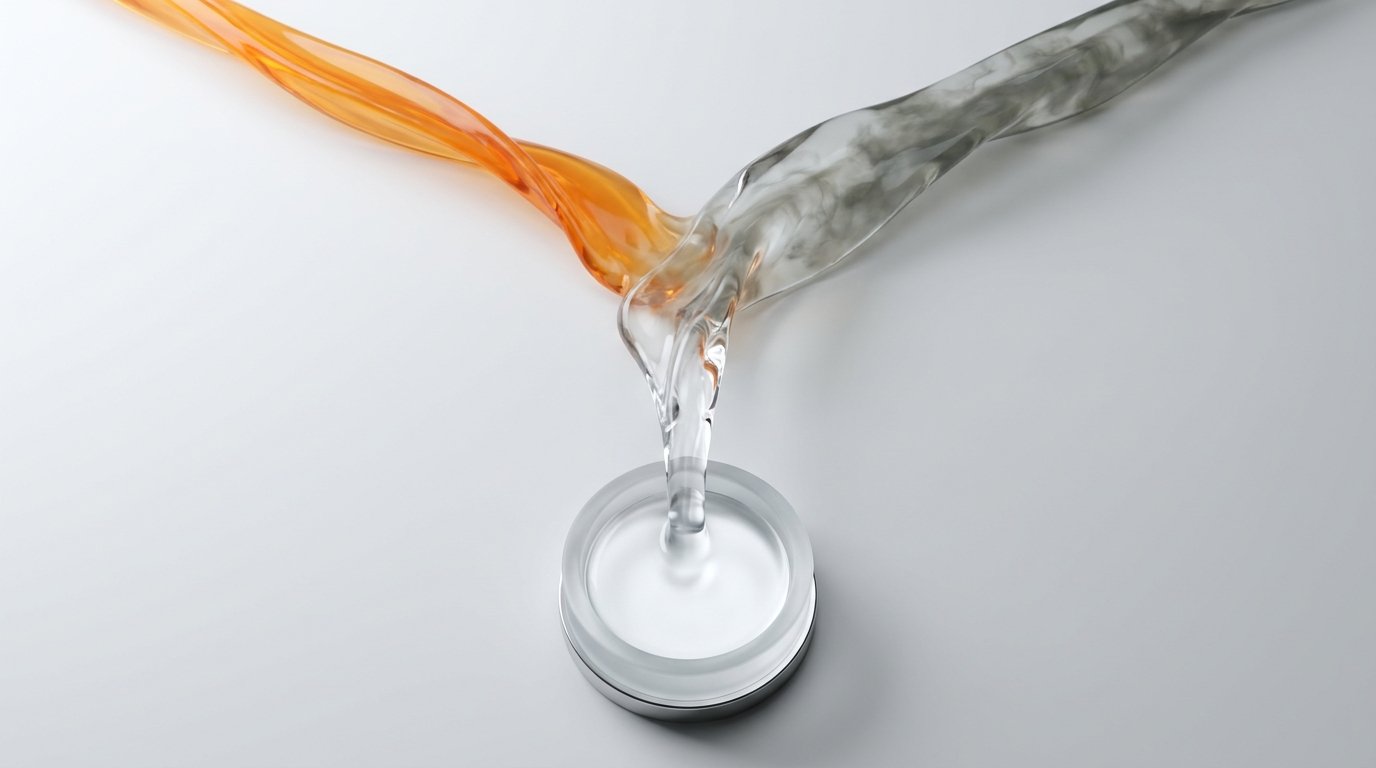 Two resin streams converging and clarifying into transparency — visualizing unified, clean cash flow forecasting