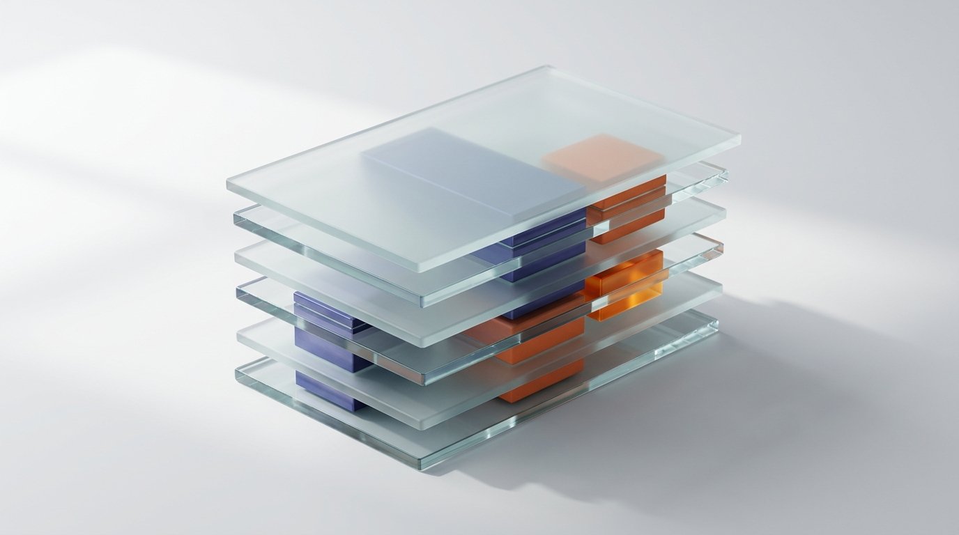 Alternating frosted and transparent glass layers revealing and concealing geometric blocks , visualizing hidden pricing structures