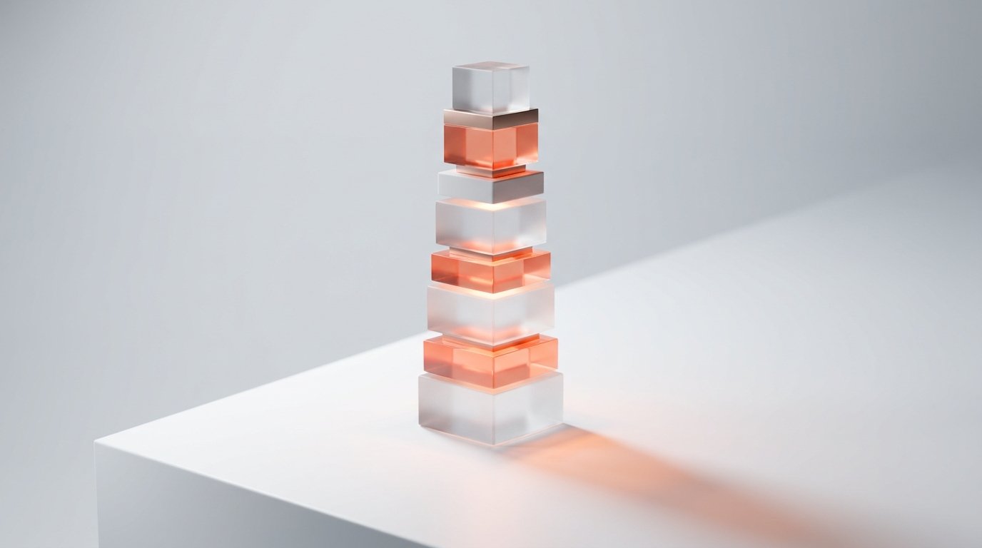 Tower of stacked frosted blocks in coral light, visualizing Esker's custom-quoted modular pricing tiers