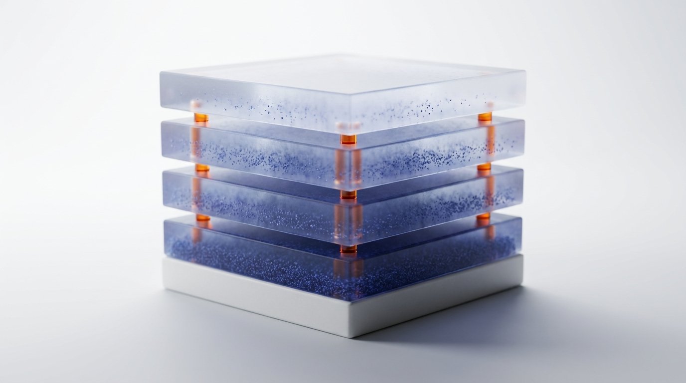 Stacked translucent layers with particle densities connected by orange glass,visualizing rolling cash forecast periods