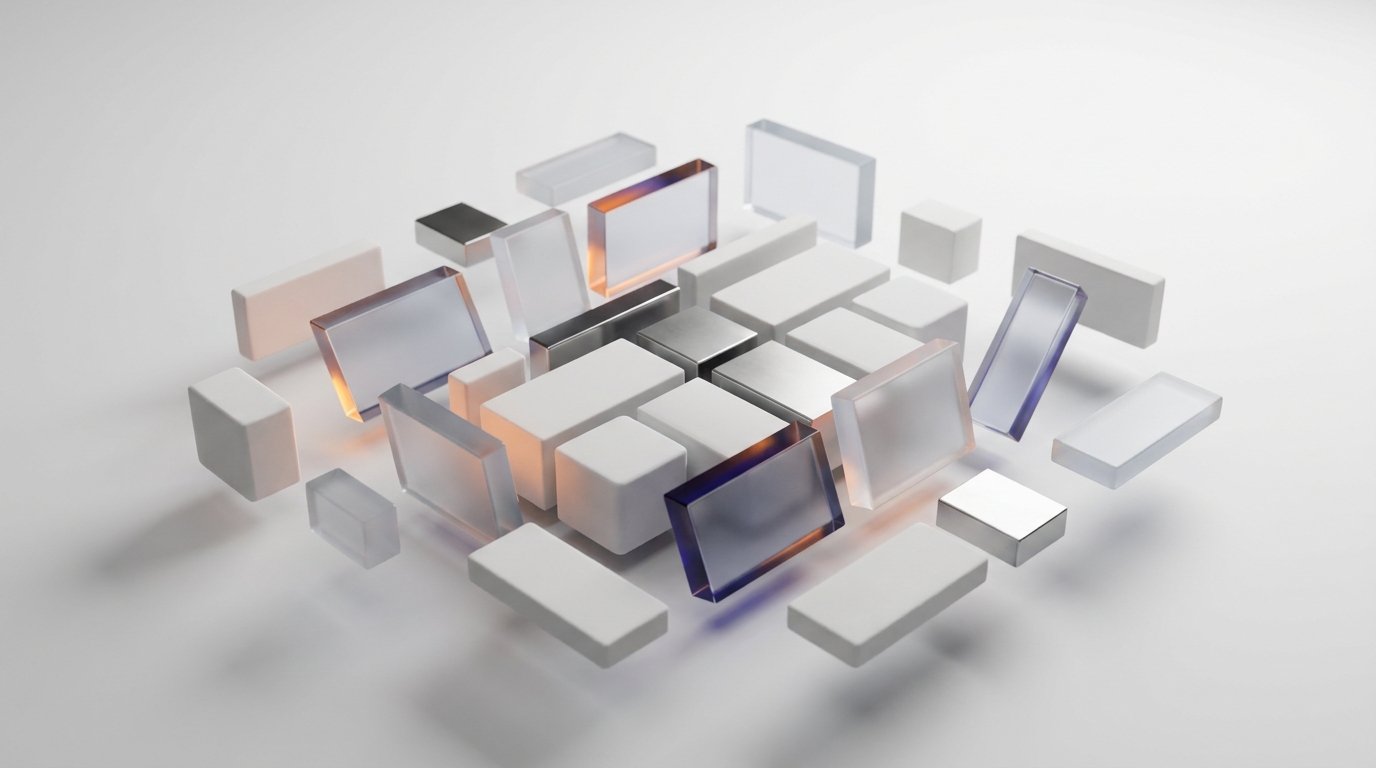 Frosted glass rectangles aligning into a grid â€” visualizing invoice data extraction and matching