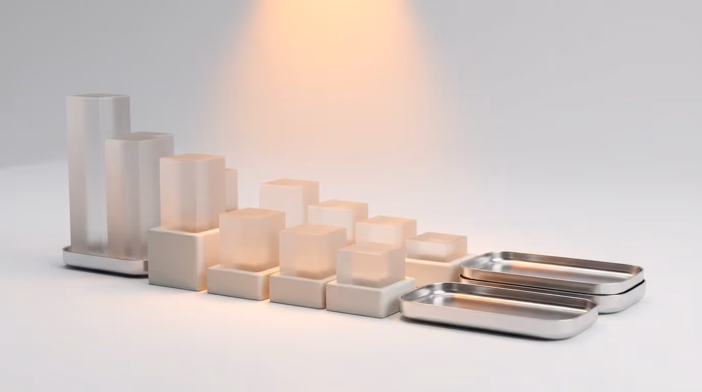 Translucent resin blocks sliding toward collection trays — visualizing collections management automation