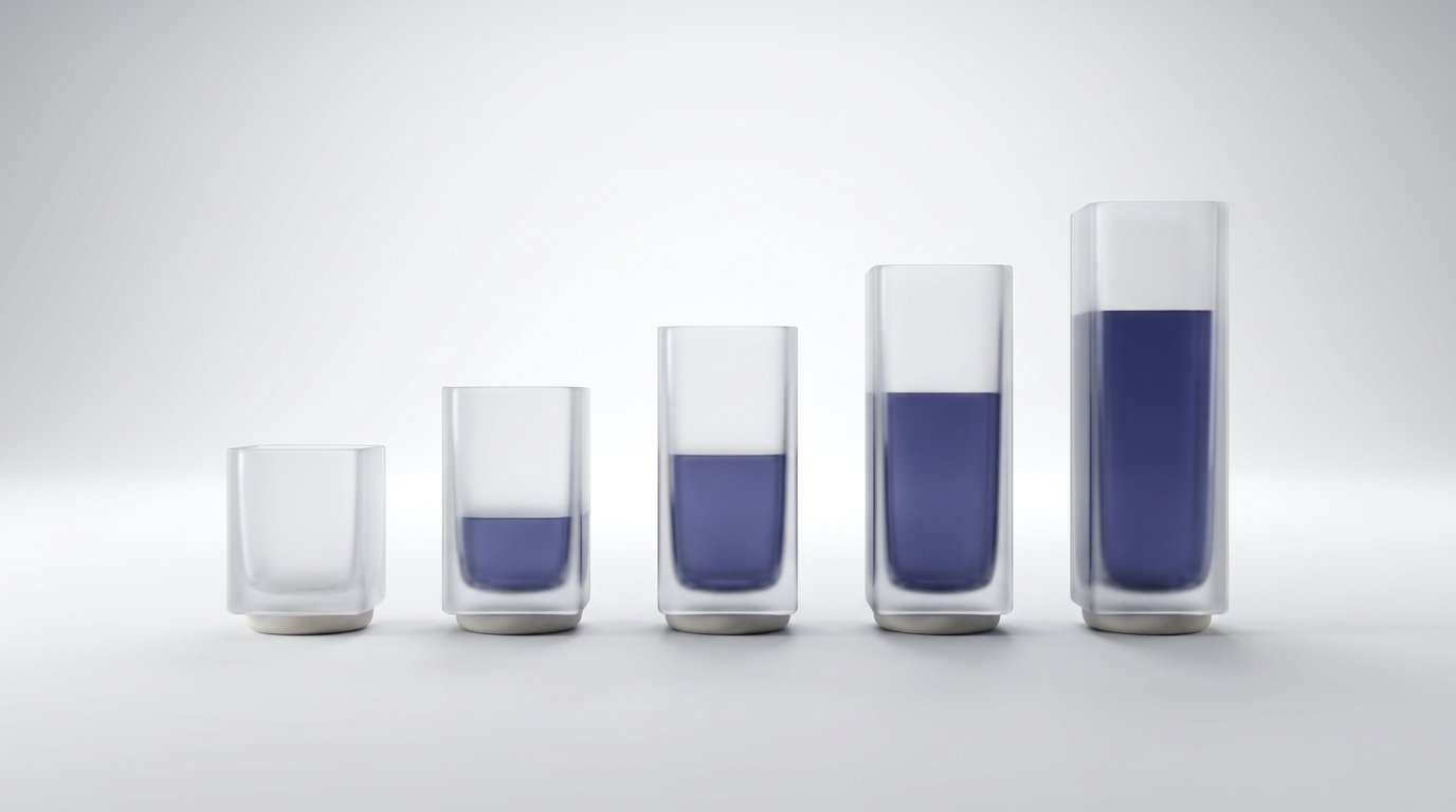 Frosted-glass vessels progressively filled with indigo liquid – symbolizing daily accounts receivable collection in DSO