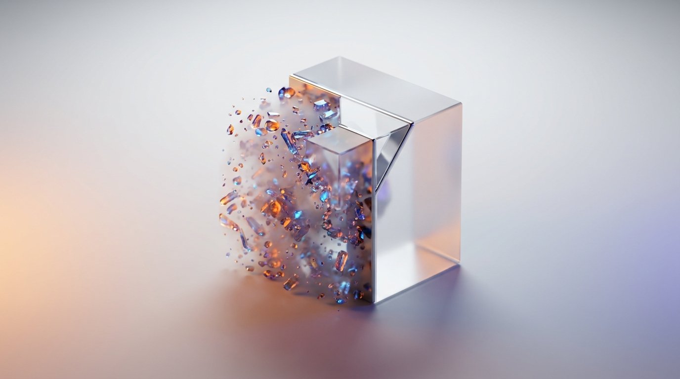 Iridescent particles crystallizing into geometric glass cube — visualizing AI automation of chaotic finance workflows