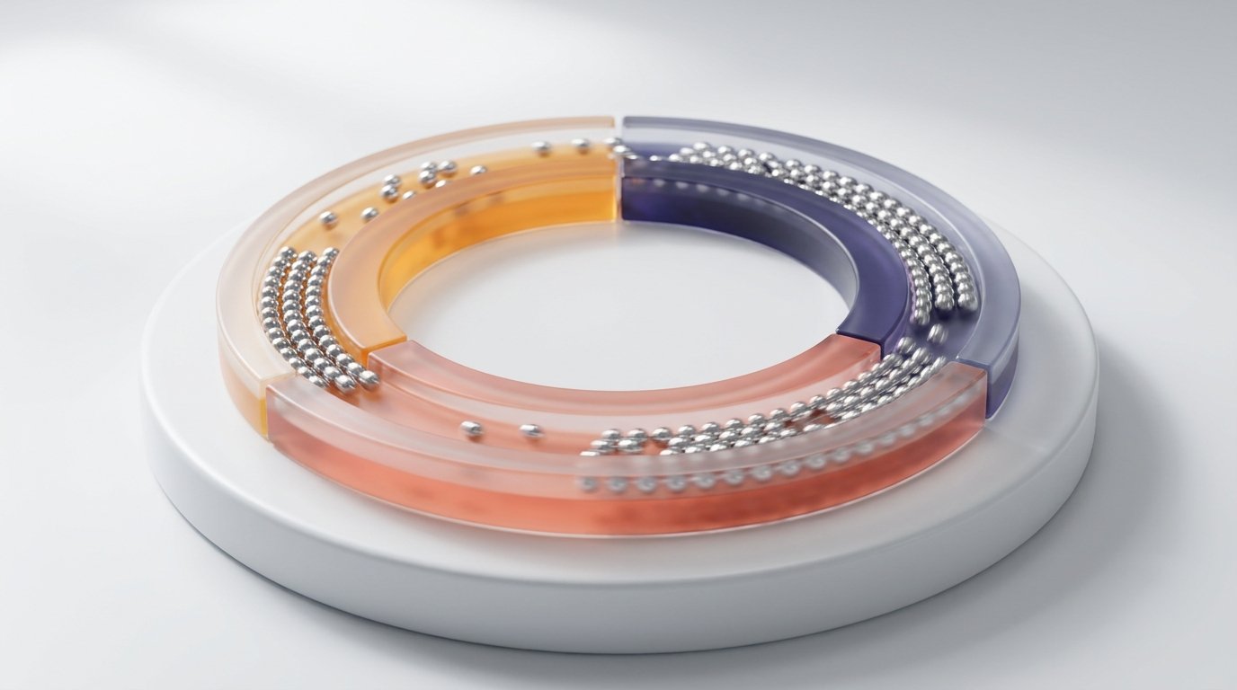 Glass circuit with silver spheres accelerating through colored segments, representing cash conversion cycle improvement