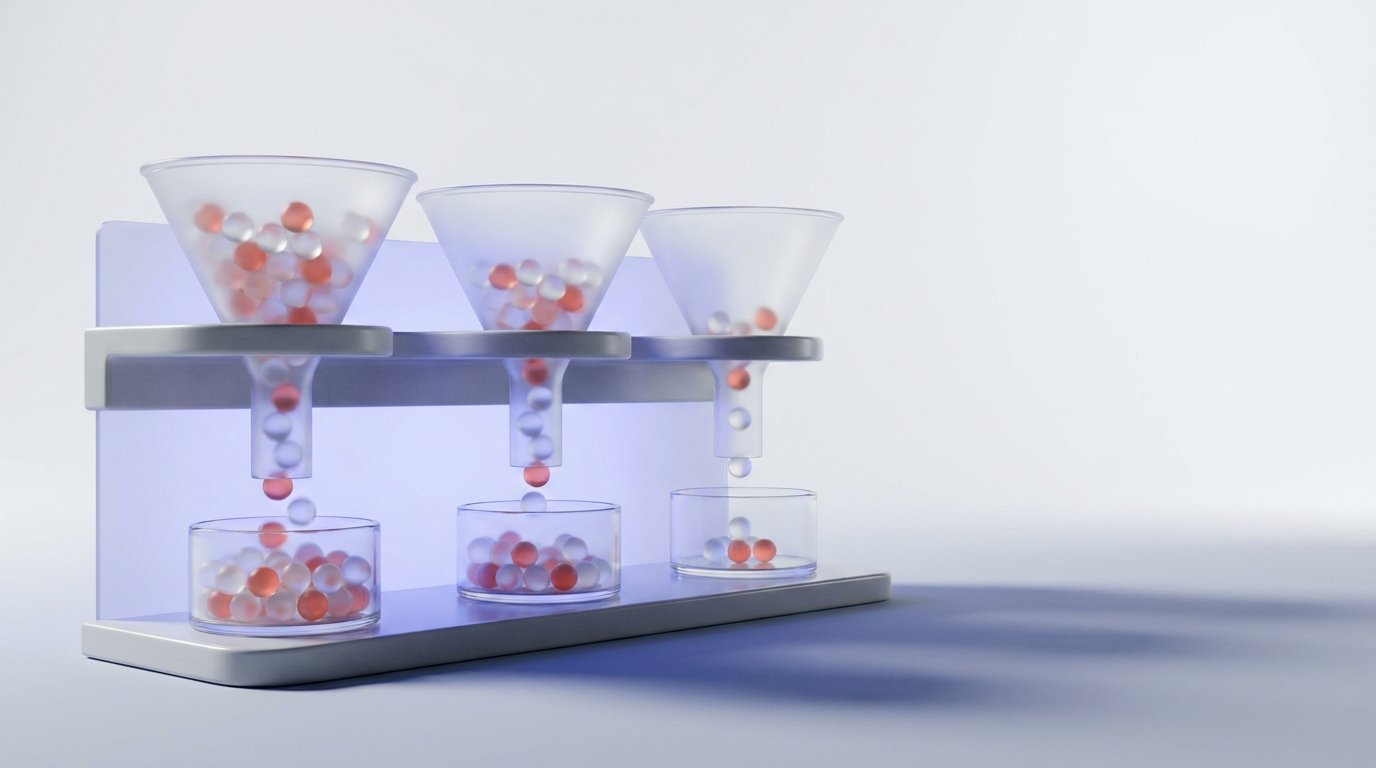 Three glass funnels with spheres at different drain speeds, visualizing AR aging bucket prioritization