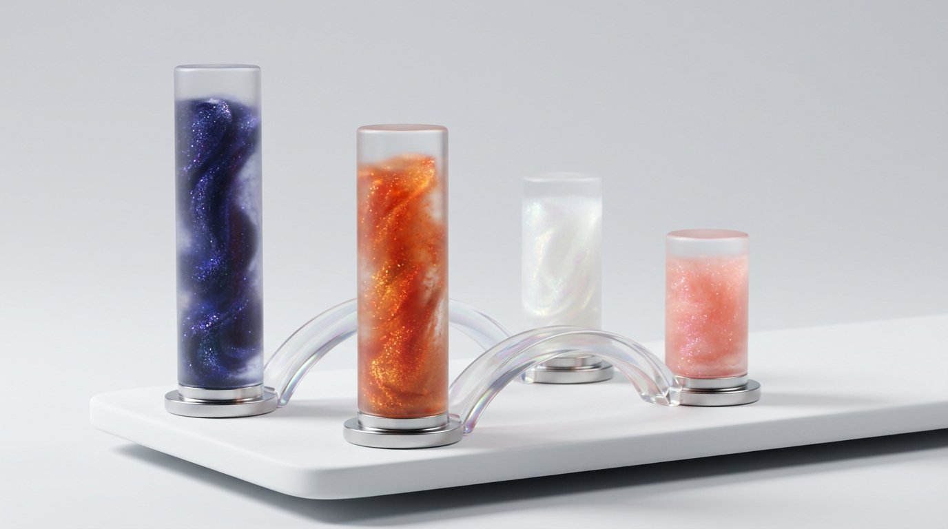 Four rotating glass columns with iridescent particles, visualizing the four core machine learning use cases in finance