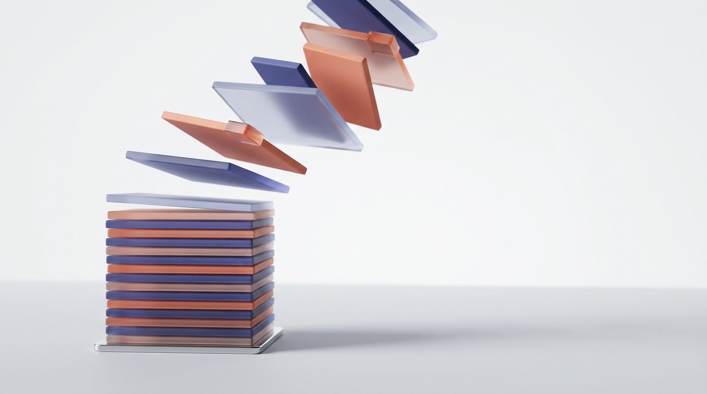 Frosted glass tiles lifting from a stack—symbolizing trade deduction management and dispute resolution