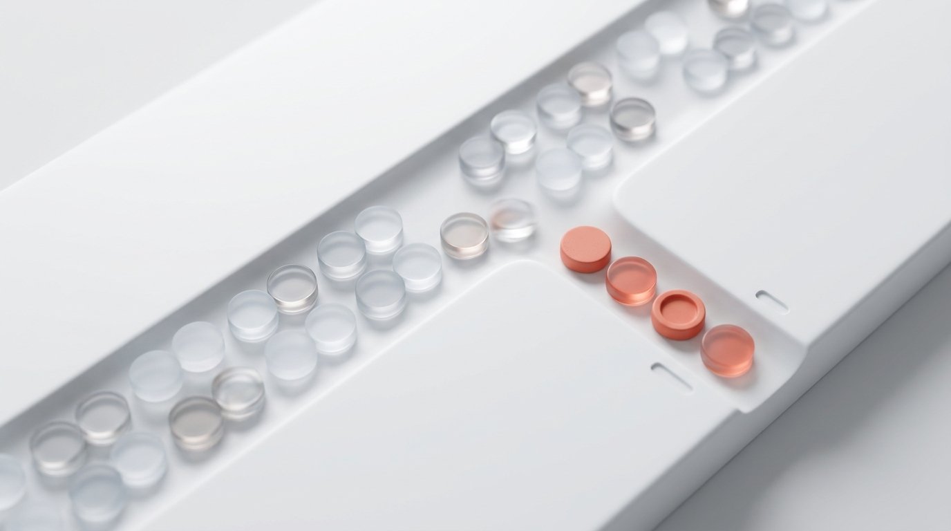 Translucent glass tokens sorting into matched pairs, exceptions routing to separate review lane — AI agent task execution