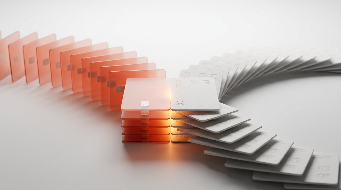 Coral payment cards matching white invoice cards in pairs — visualizing automated cash application