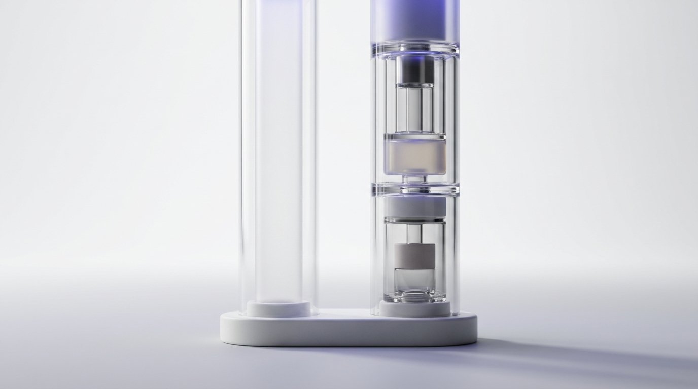 Two glass columns of different scales — narrow accounting vs. broad ERP system — visualizing scope difference