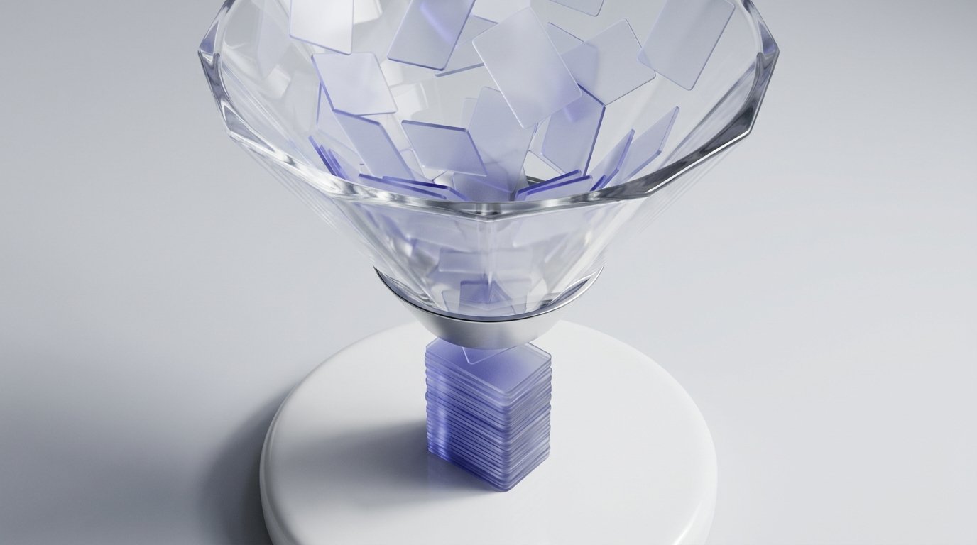 Frosted cards flowing through a funnel consolidating downward — visualizing per-invoice cost reduction