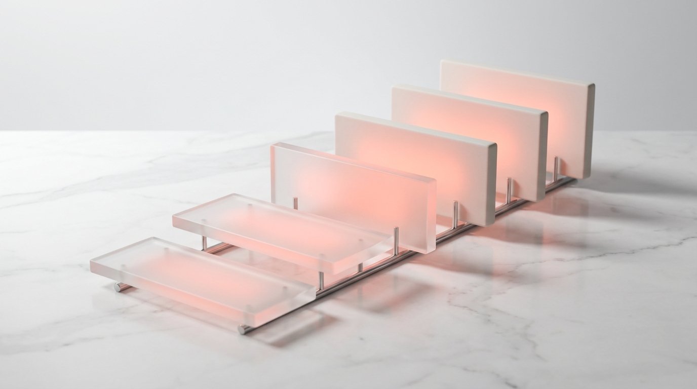 Ascending frosted-glass tiles with intensifying coral glow visualizing dunning email escalation sequences