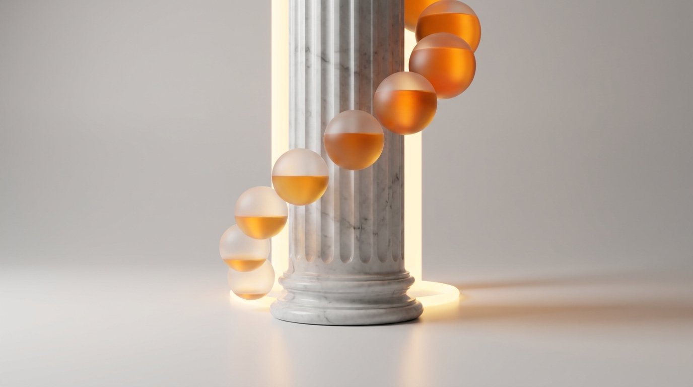 Spirale aus Kunstharz-Kugeln, die sich mit oranger Flüssigkeit füllen, visualisiert die Liquiditätszuflüsse entlang der Stufen des Order-to-Cash-Prozesses