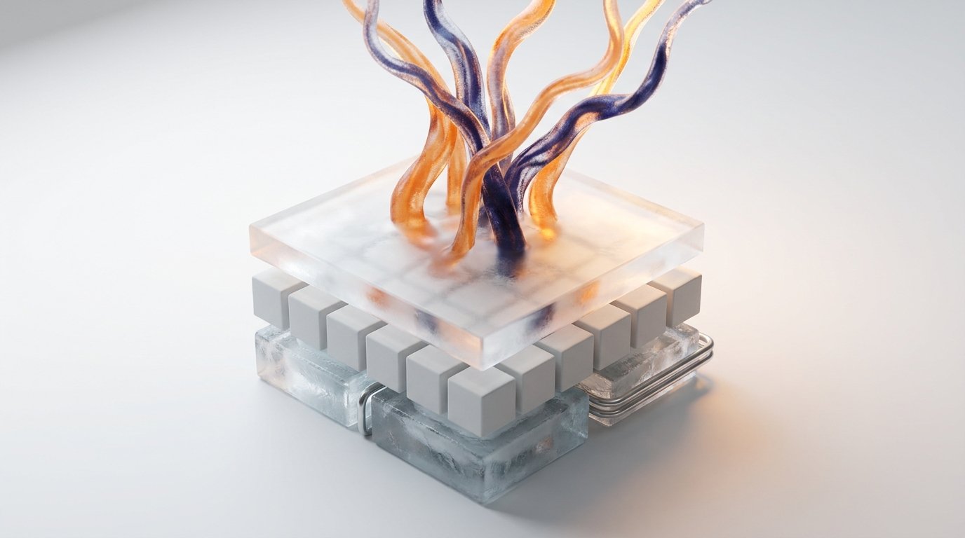 Glass layers transitioning from data cubes to forecast streams — visualizing NetSuite cash forecasting transformation