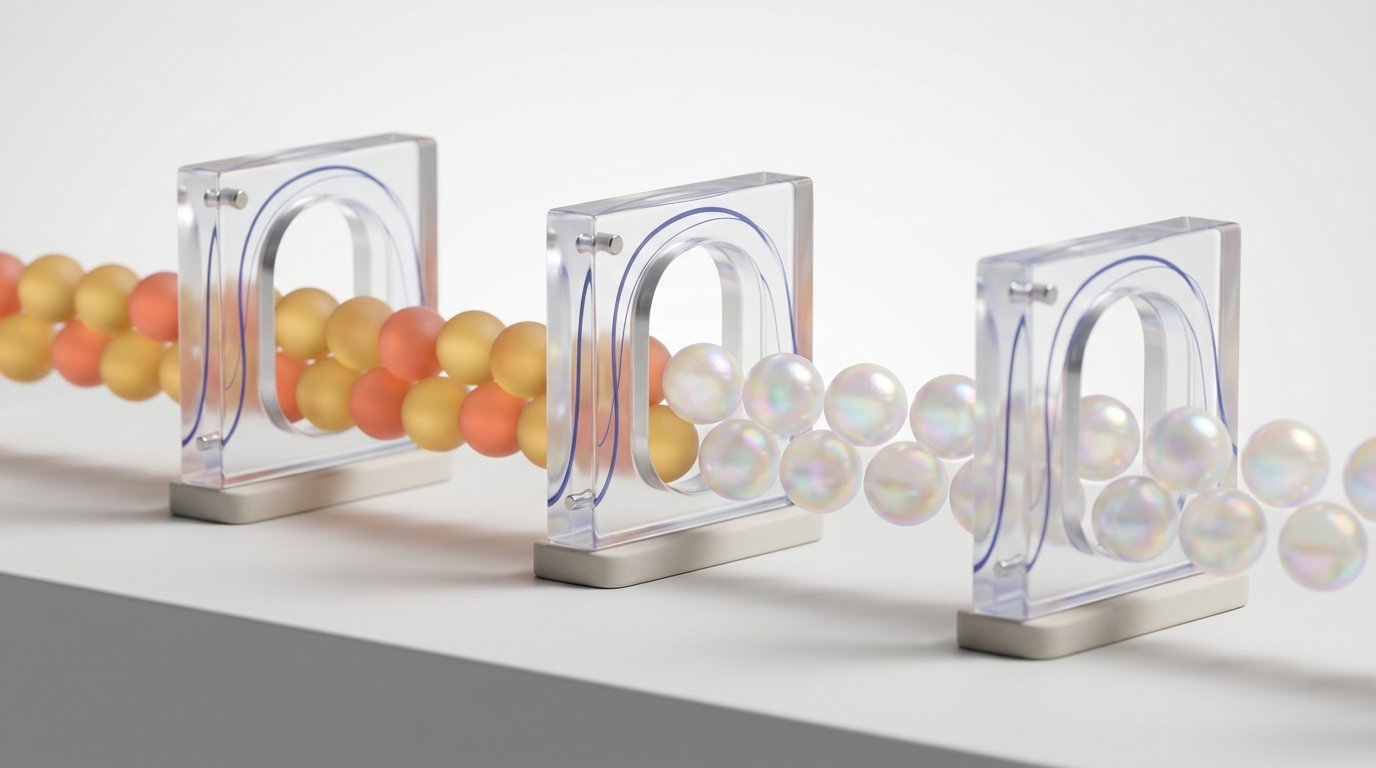 Golden spheres flowing through resin gates with indigo accents, brightening as they pass each validation checkpoint