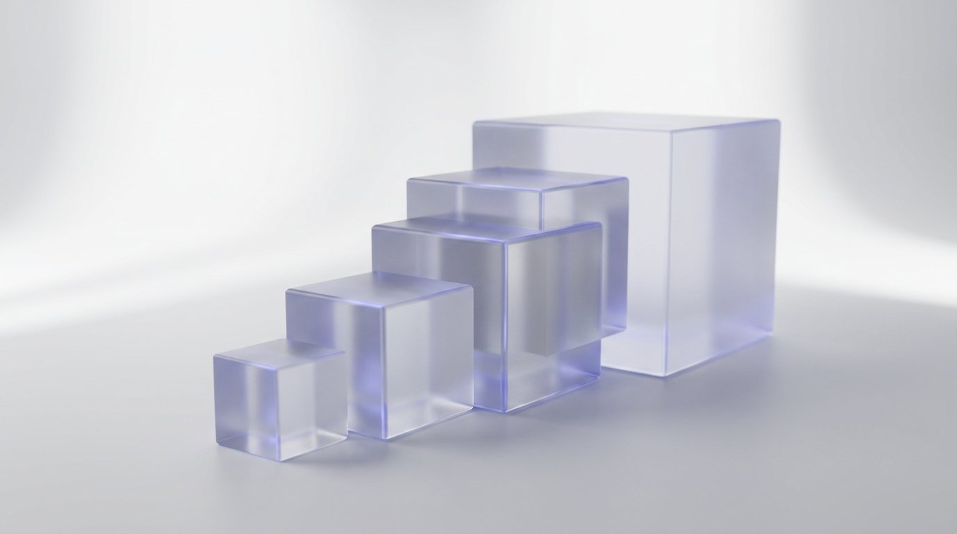 Ascending resin cubes with indigo, representing Serrala enterprise pricing discovery and cost component layers
