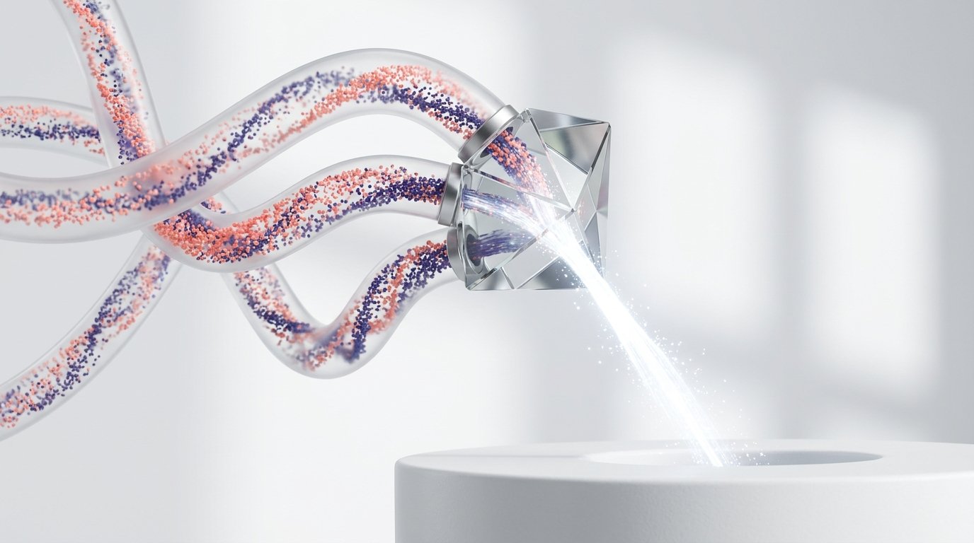 Translucent glass channels converging through a prism into unified white stream , representing automotive AR reconciliation