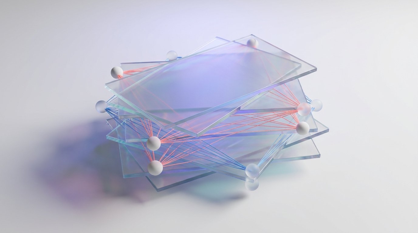 Layered glass sheets with interconnected nodes , visualizing AI chemical claim reconciliation and dispute resolution