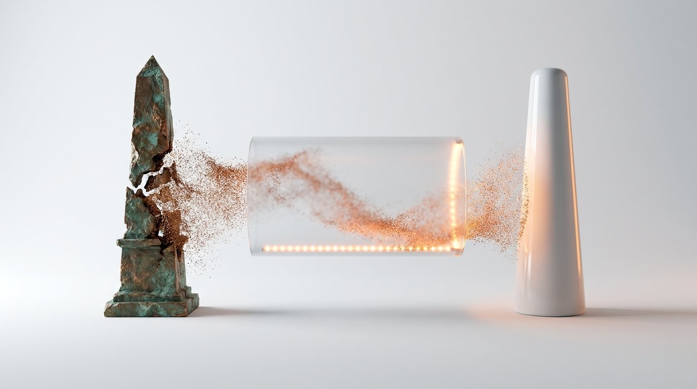 Bronze obelisk fragmenting and reconstituting into ceramic tower, visualizing SAP ECC migration to modern AR systems