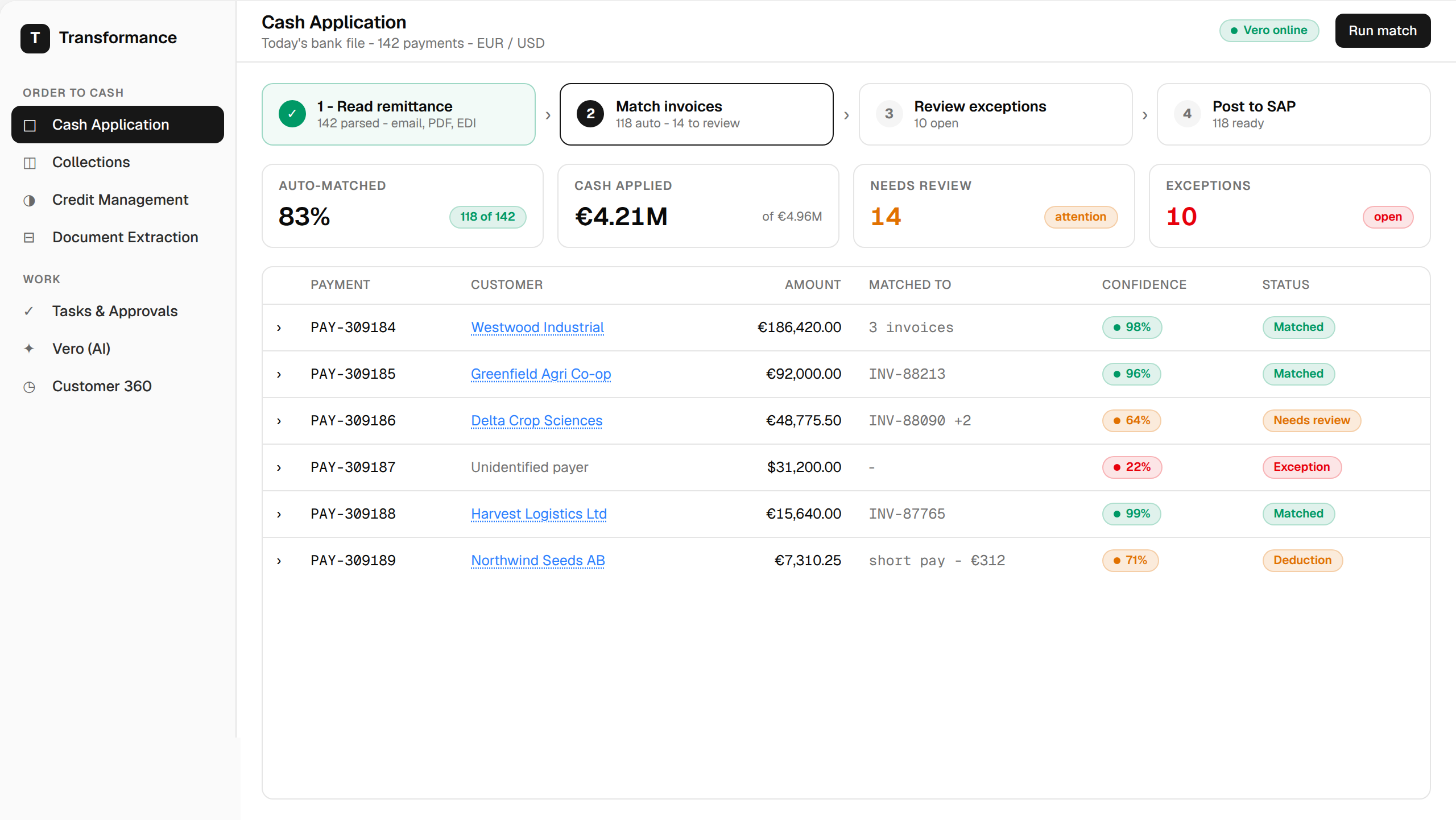 Transformance Cash Application auto-matching bank payments to invoices before posting to the ERP