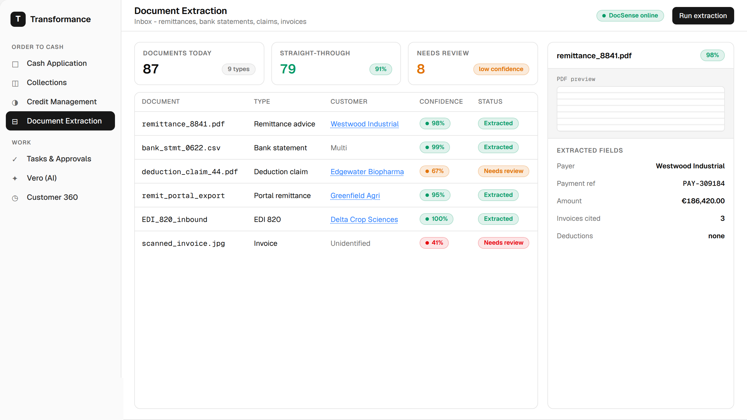 Transformance Document Extraction parsing remittances and deduction claims with confidence scores