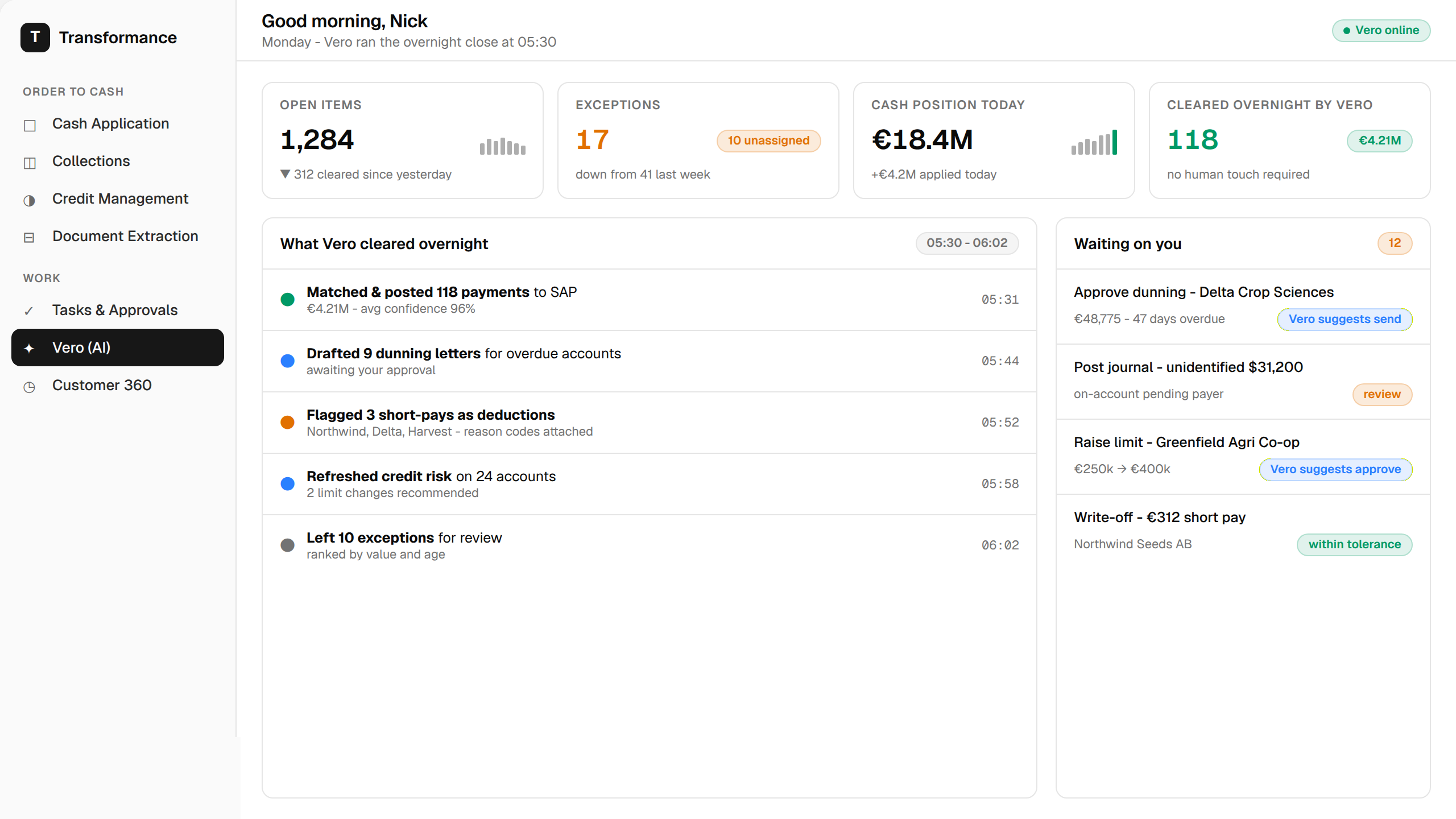 Transformance order-to-cash dashboard with Vero AI overnight summary and approvals queue