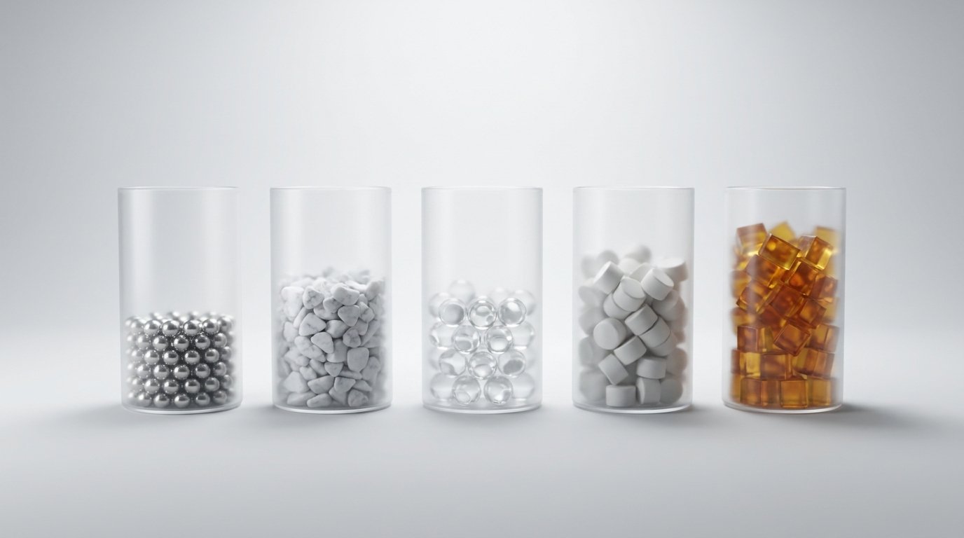 Five glass cylinders with varying material contents and heights, representing vendor capability comparison for AR automation selection