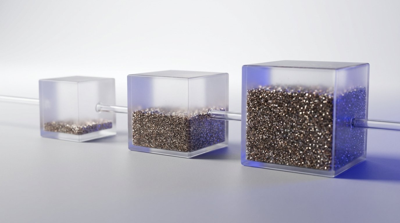 Rising metallic particles in ascending glass vessels visualizing AR automation implementation timeline and phases