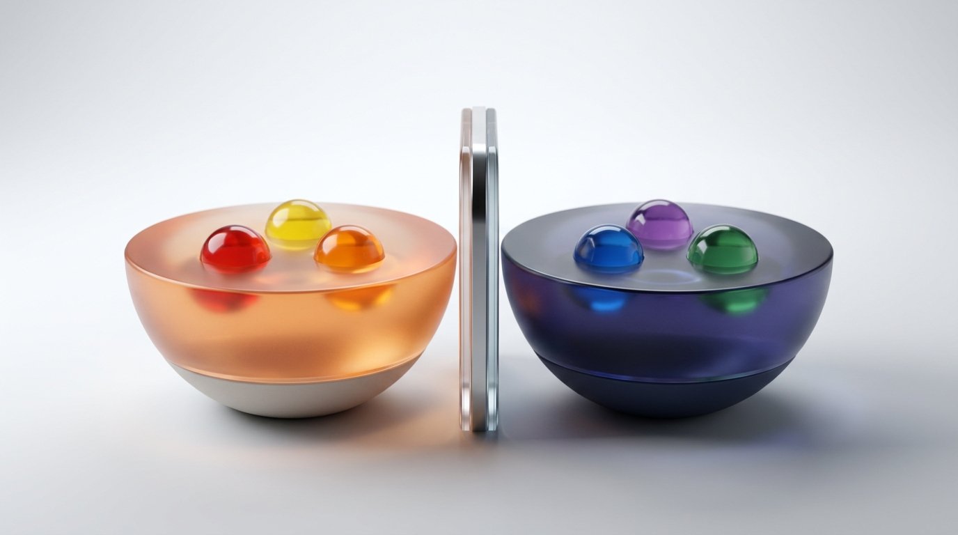 Glass hemispheres holding coloured spheres behind a barrier, showing customer data kept in its own region