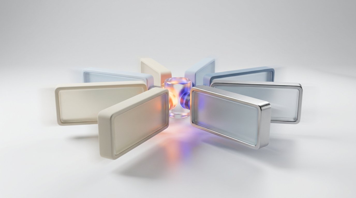 Multiple frosted-glass blocks in different colors converging into a central hub, representing ERP system integration
