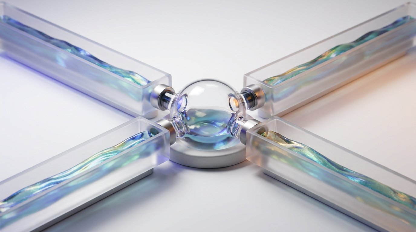 Glass channels flowing into a central chamber representing ERP subsidiary integration and bidirectional data sync