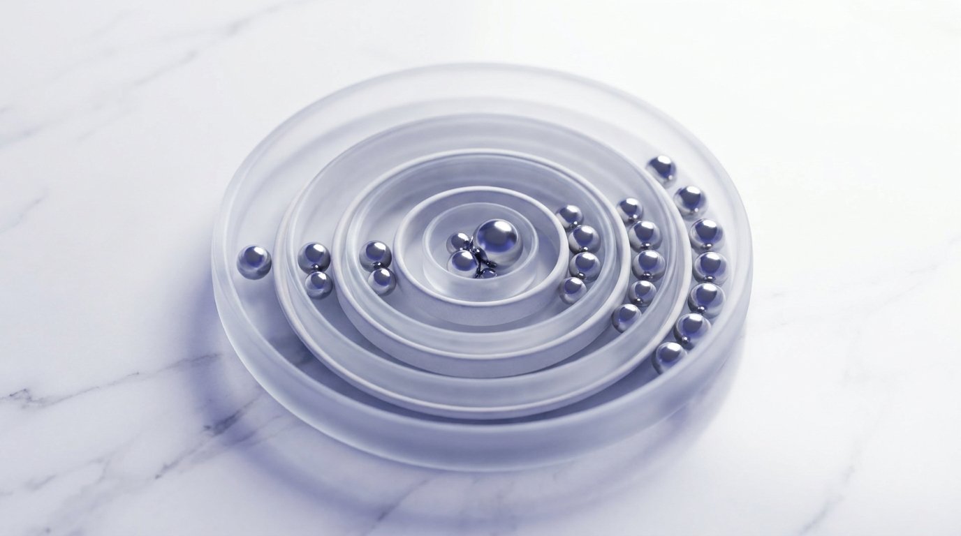 Five concentric glass rings holding increasing metal spheres, visualizing phased AR automation rollout waves across entities