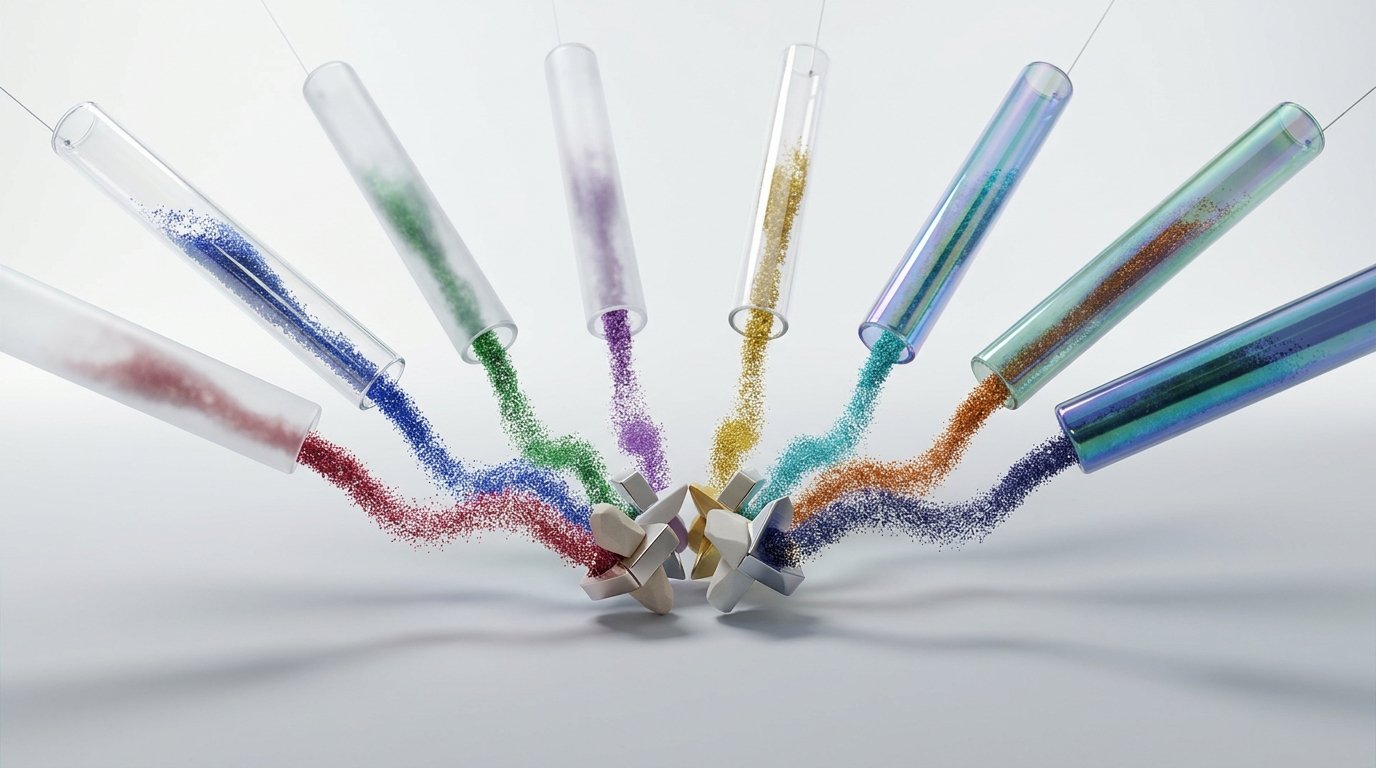 Glass tubes with particle streams merging and matching, representing remittance advice consolidation from eight sources