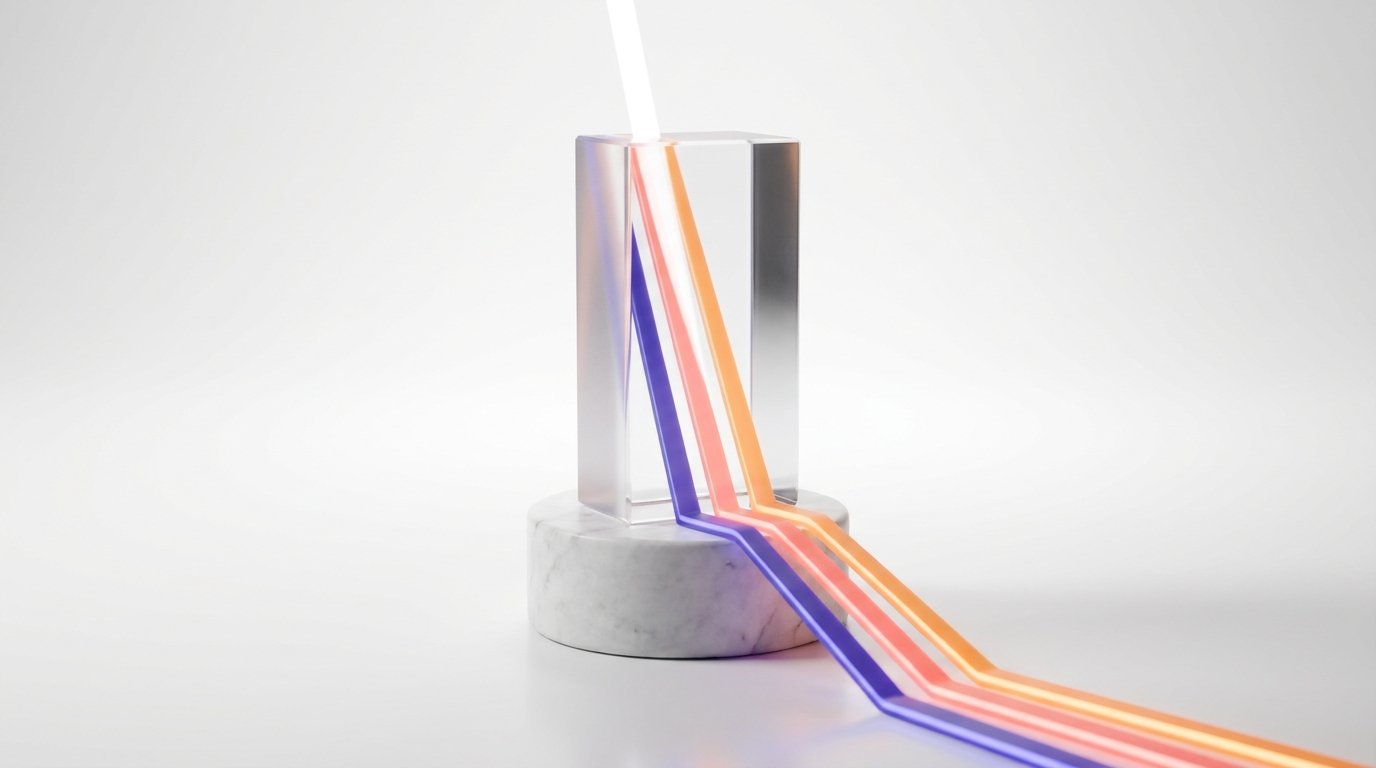 Resin prism splitting white light into colored bands, visualizing how DSO decomposes into multiple revealing AR metrics