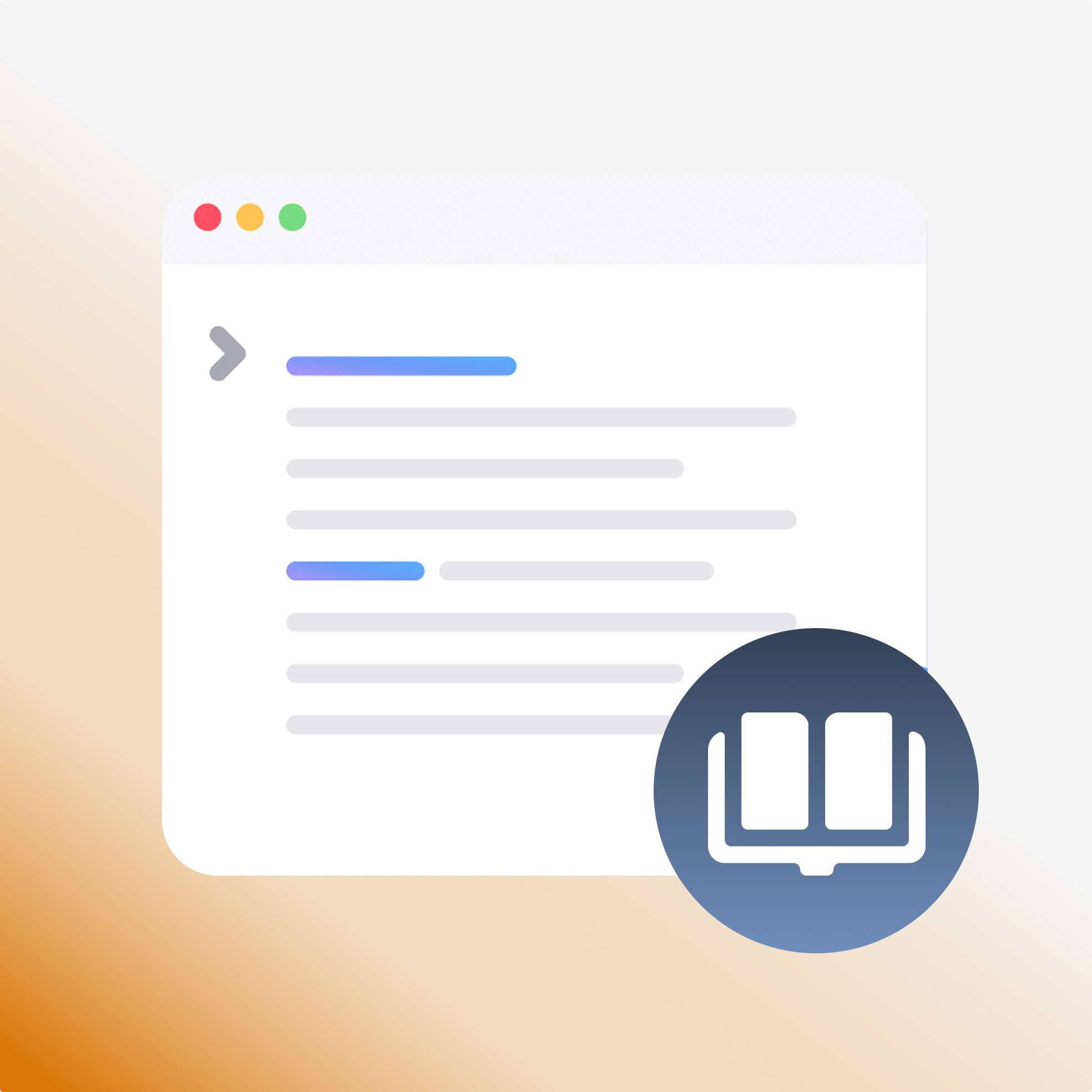 Browser window with code lines and a blue circle containing an open book icon at the bottom right.