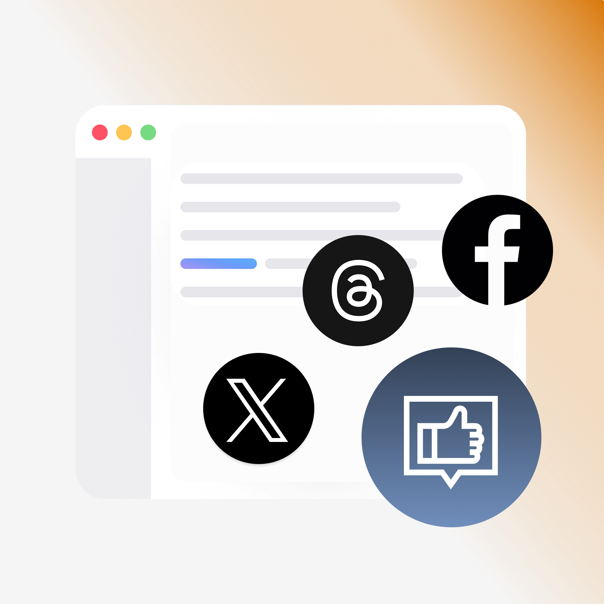 Browser window with text and floating social media icons for Facebook, X, a Sinhala letter, and a thumbs-up symbol inside a speech bubble.