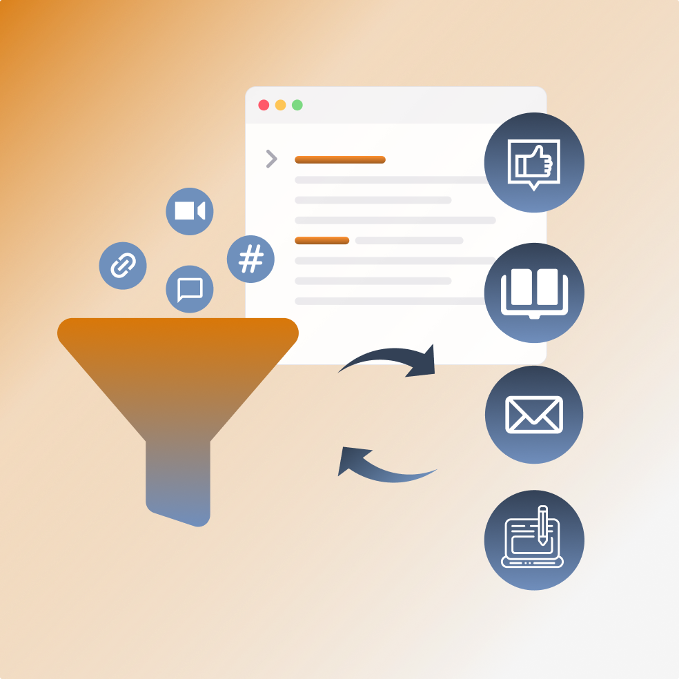 Illustration of a funnel filtering social media icons towards a webpage with arrows indicating content flowing to icons representing like, book, email, and blog functions.