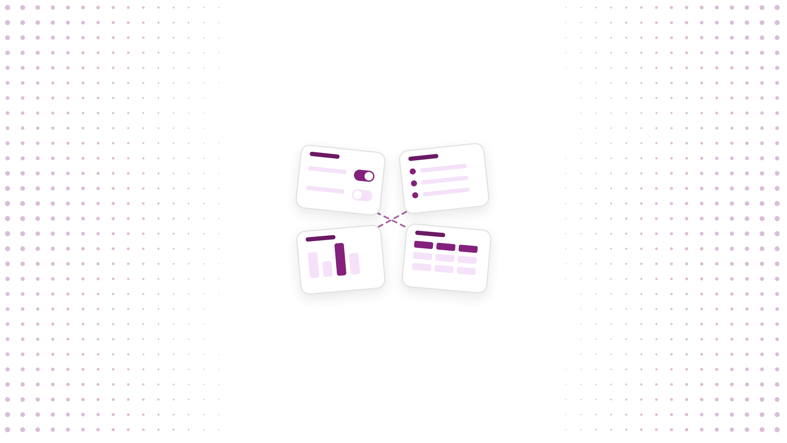 Vier app-kaartjes, verbonden met stippellijnen, op een witte achtergrond met magenta stippen