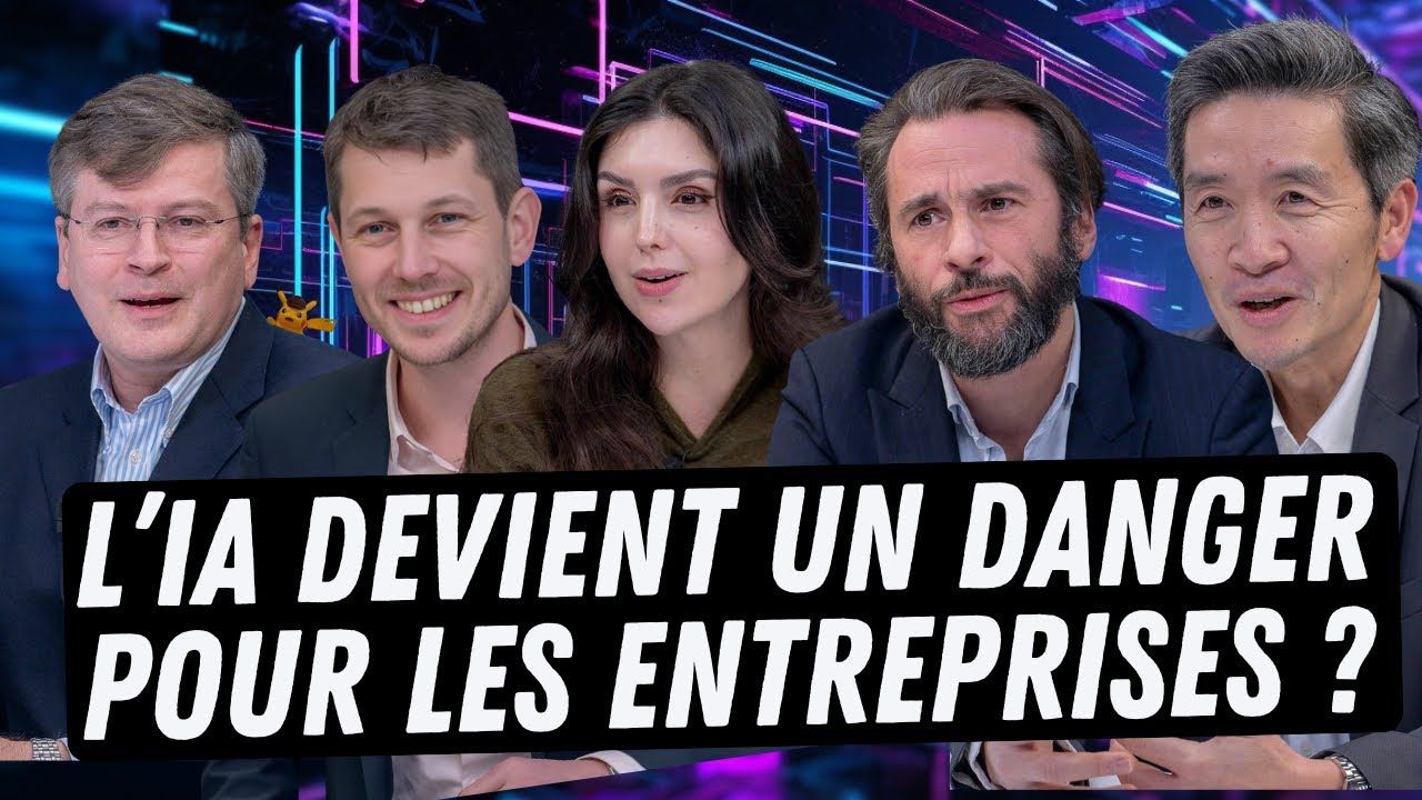 Illustration représentant le concept de Shadow AI : des employés utilisant des outils d’intelligence artificielle non autorisés, tandis que des données sensibles s’échappent vers des entités externes.