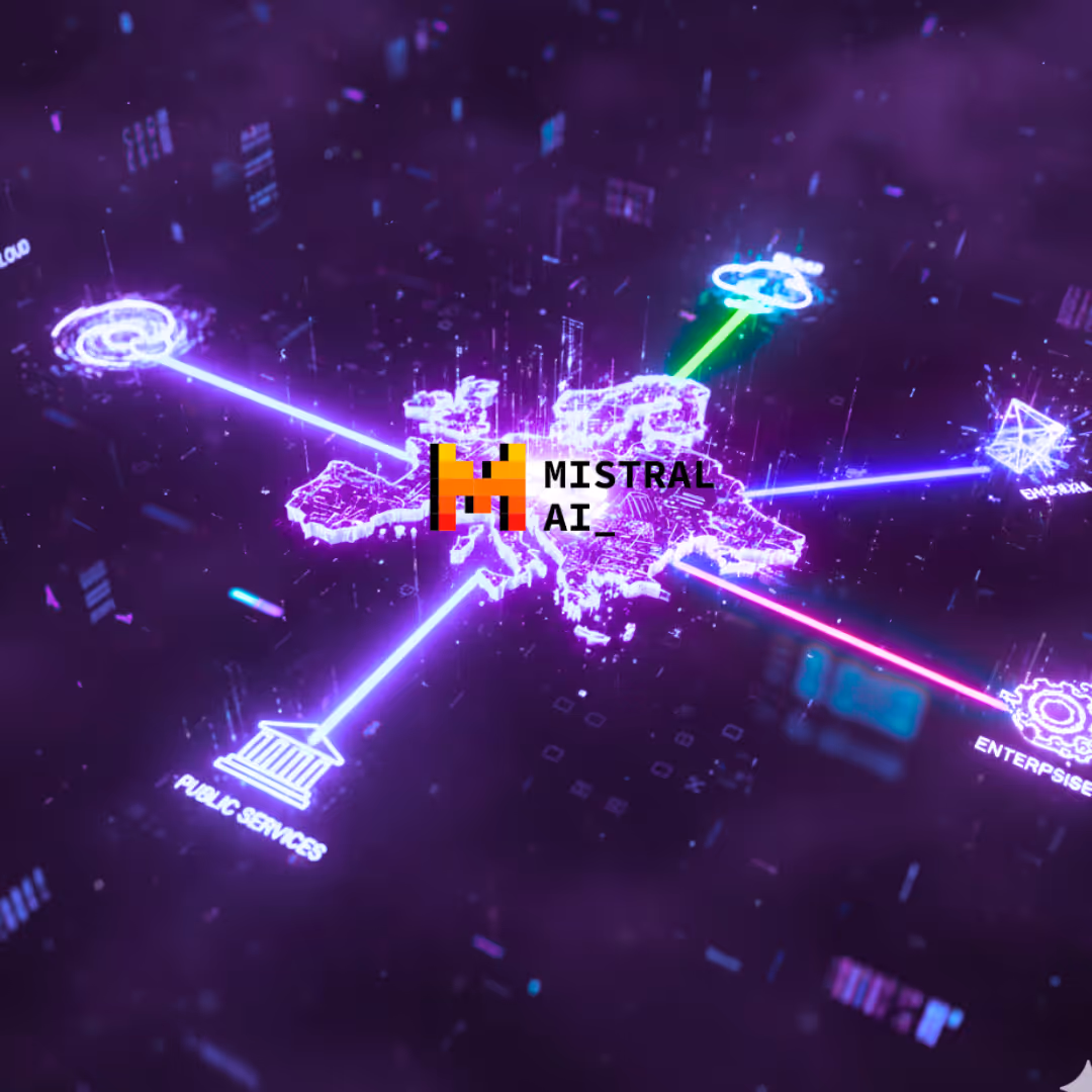 Illustration futuriste de l’Europe comme hub central de l’intelligence artificielle, avec des connexions lumineuses en néon bleu et violet reliant des secteurs cloud, médias, services publics et entreprises. Le logo de Mistral AI est mis en avant au centre