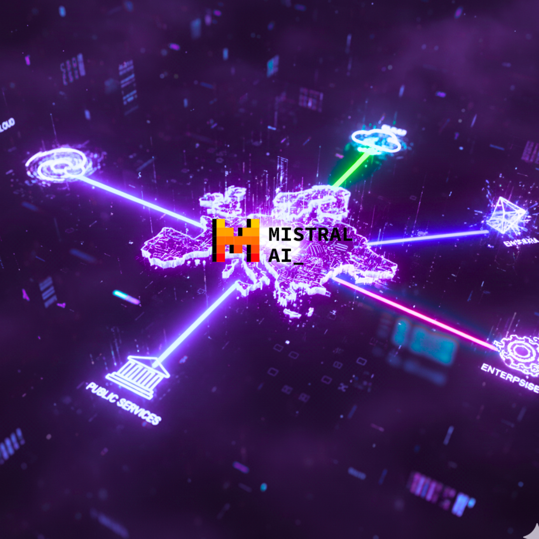 Illustration futuriste de l’Europe comme hub central de l’intelligence artificielle, avec des connexions lumineuses en néon bleu et violet reliant des secteurs cloud, médias, services publics et entreprises. Le logo de Mistral AI est mis en avant au centre