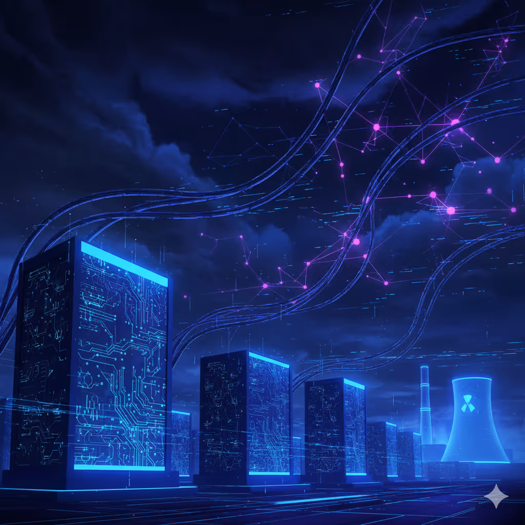 Illustration colorée dans des tons bleus et violets représentant des data centers alimentés par l’énergie nucléaire, symbolisant l’impact énergétique de l’intelligence artificielle.