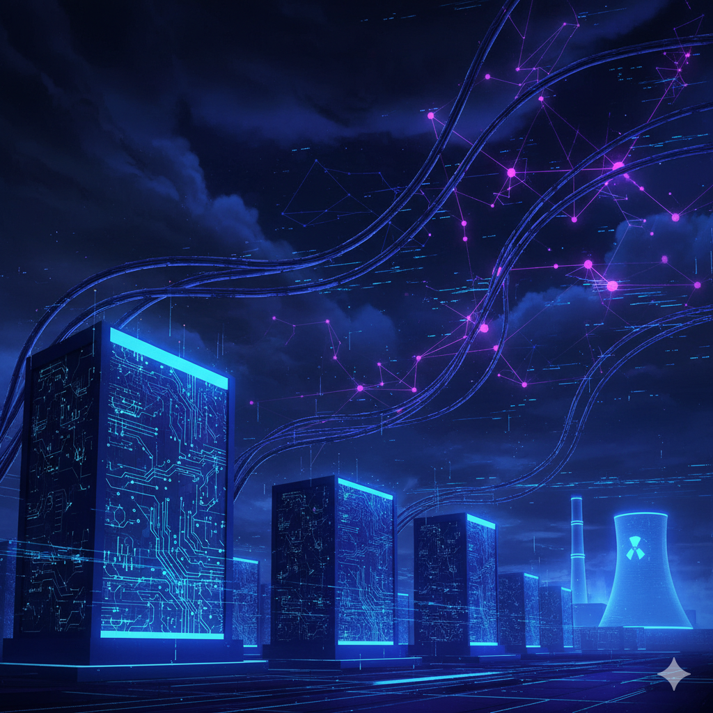 Illustration colorée dans des tons bleus et violets représentant des data centers alimentés par l’énergie nucléaire, symbolisant l’impact énergétique de l’intelligence artificielle.